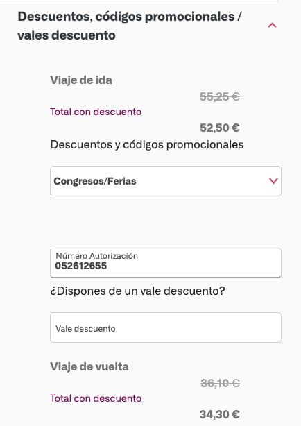Pantalla de Renfe con Congresos/Ferias seleccionado y 052612655 en Número Autorización. El campo Vale descuento está vacío.